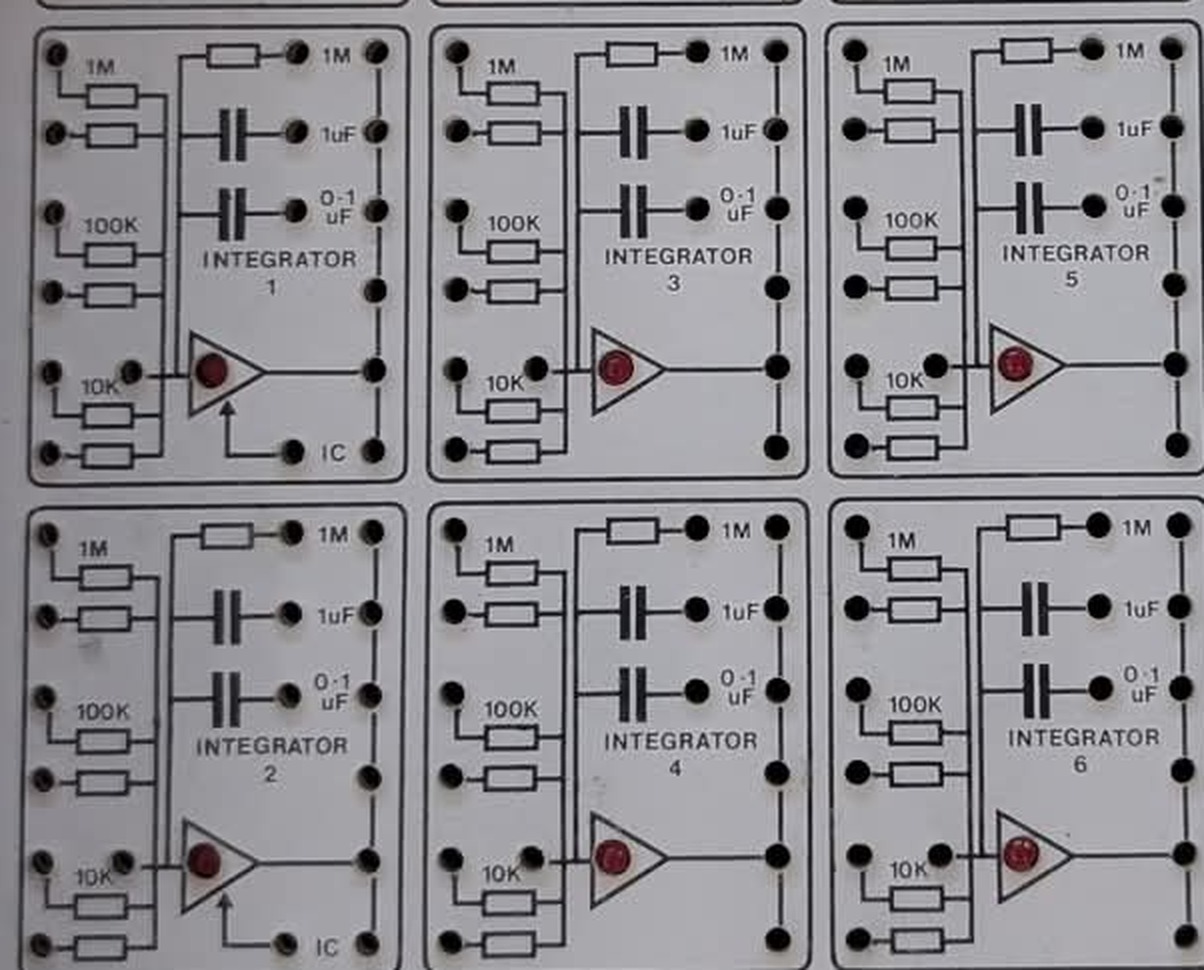 The six integrator blocks in two rows of three, each drawn with input resistors marked 1M, 100K and 10K and feedback elements marked 1M, 1uF and 0·1uF.