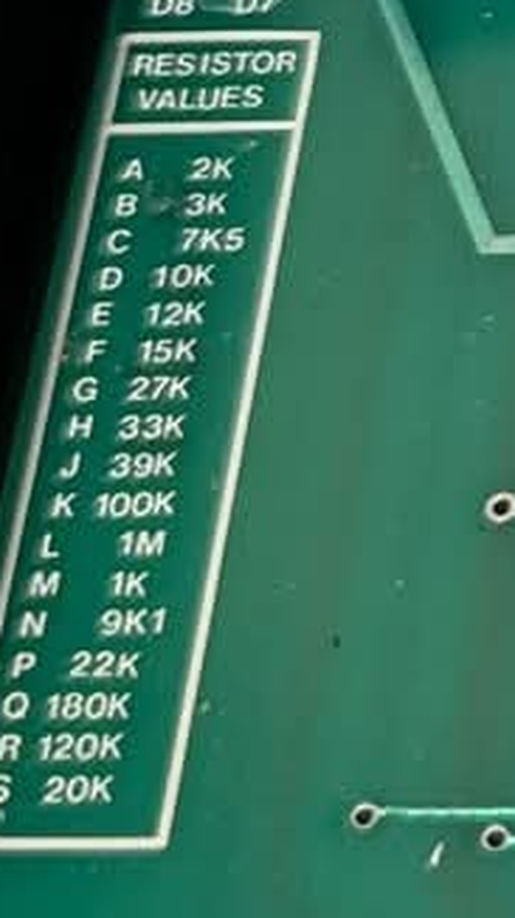 A silkscreened legend on the lower board headed RESISTOR VALUES, listing letters A through S against resistance values.