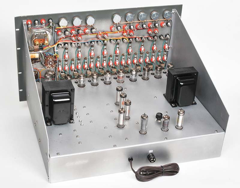 EC-1 chassis after full restoration showing new wiring harness, replaced capacitors, and reconditioned tube sockets.