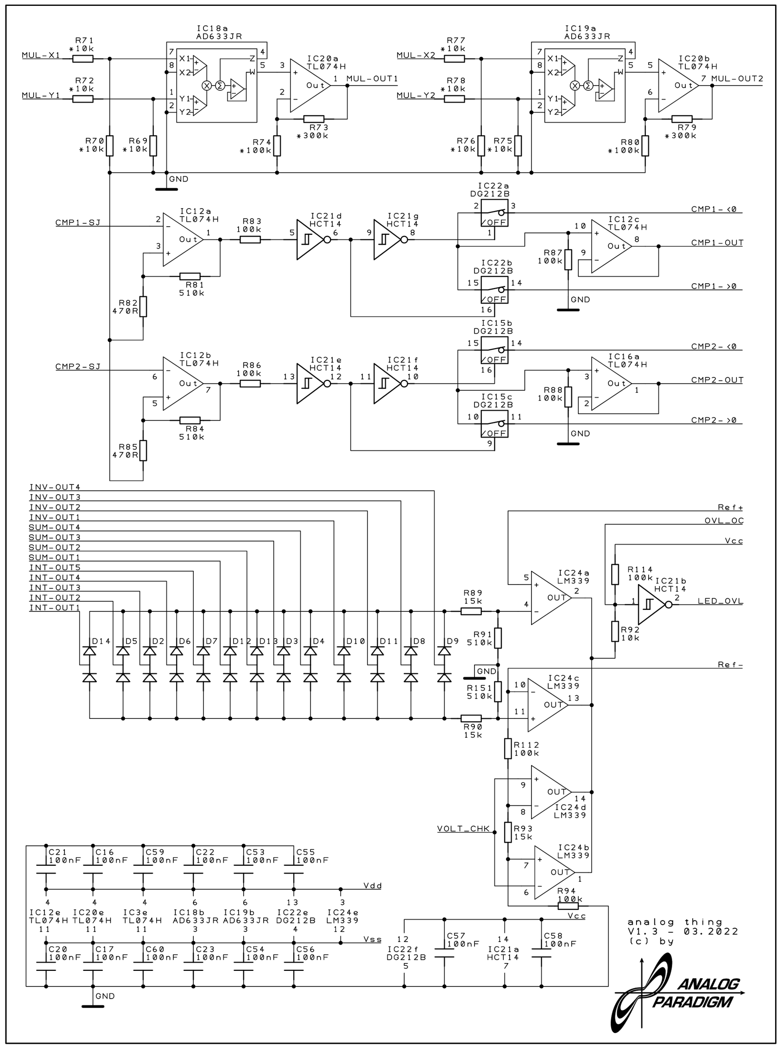 Base board sheet 04 — multipliers, comparators, LED drive, and overload